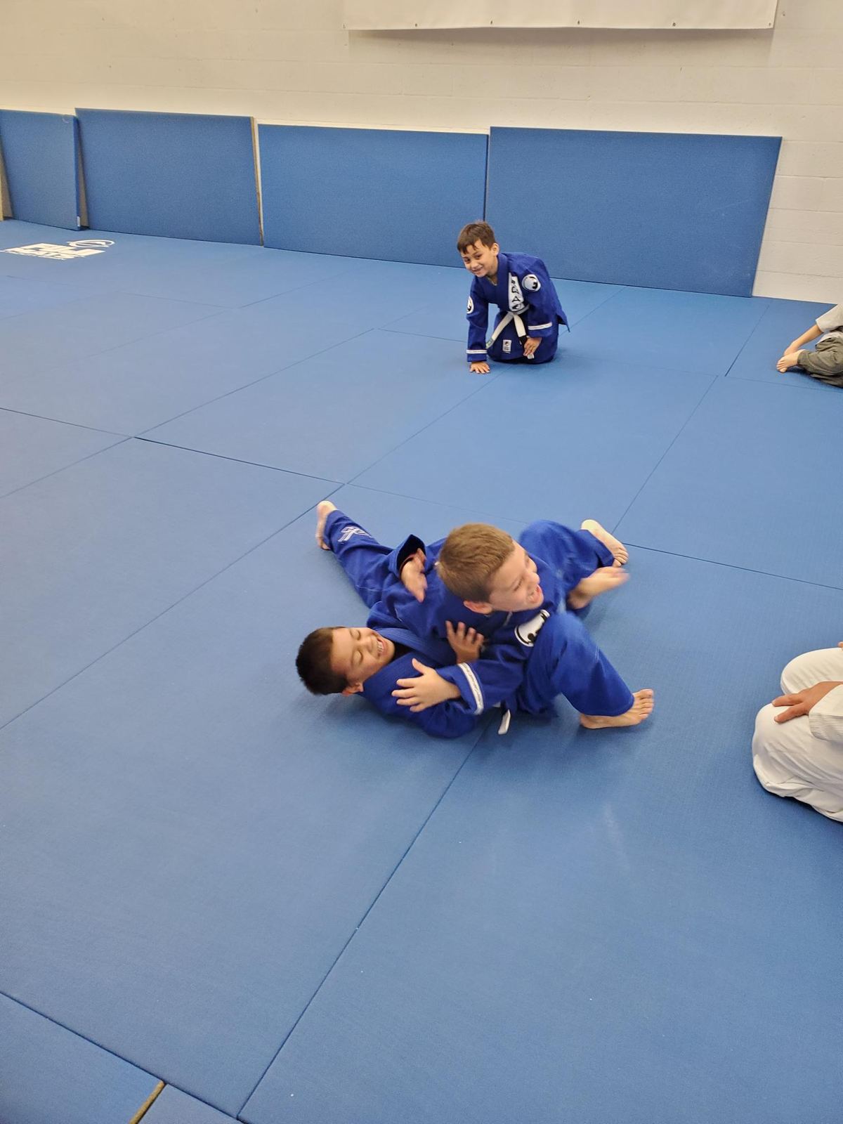 Kids practicing jiu jitsu on the blue mats at Renzo Gracie Naples